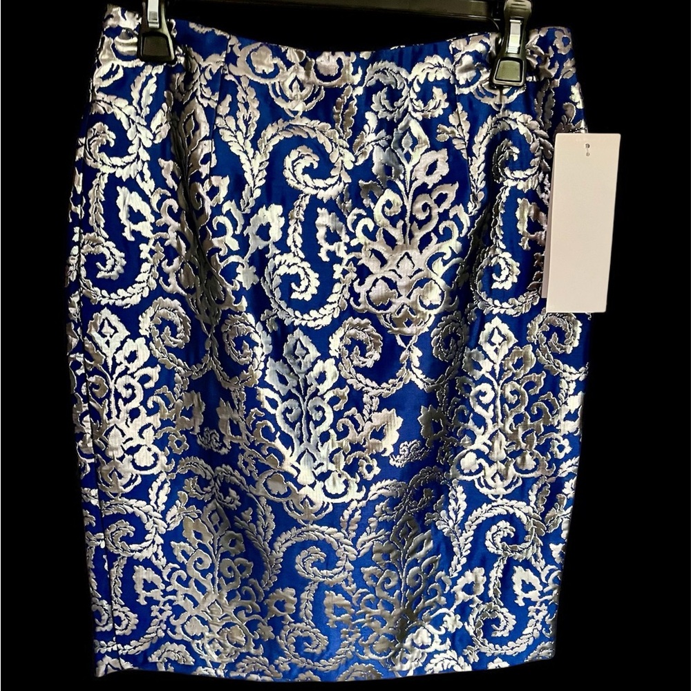 SUNNY LEIGH Cobalt Blue & Metallic Silver Jacquard Straight skirt NWT Sz 4